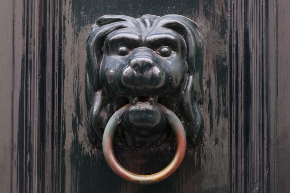 Photograph of a dark, nearly black door with a just as dark lion's head, with a meta ring in the mouth. An old-fasioned door knocker.