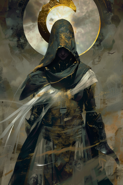 Hooded figure with a gold-tinged cloak stands before a glowing moon, exuding an aura of mystery and power.