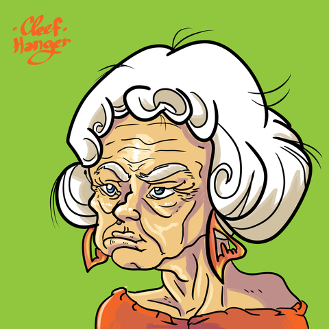 Granny very wrinkled with bob curly hair, long lashes with dots at the end, earings wich one seems to have something like a hand doing a birdie. Pimple next to the nose and orange atire.