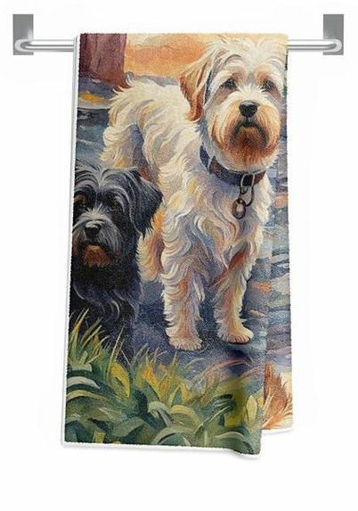 Bath towel featuring a digitally painted image of two dogs, one black and one white, standing in a driveway with colorful surroundings. Image at:  https://beautifulsunphotography.com/featured/friendly-neighbors-deb-beausoleil.html?product=bath-towel See more art & blog at: https://beautifulsunphotography.com/ https://debbeautifulsunphotography.com/ https://www.zazzle.com/store/beautifulsun_designs https://debbeausoleil.com