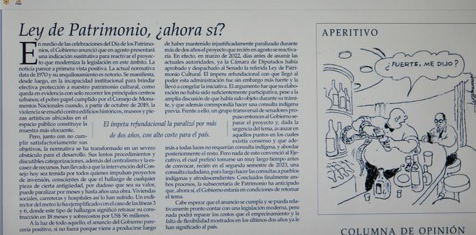 editorial Ley de Patrimonio, ¡ahora sí?
(un incomprensible chiste a la derecha muestra el barman estrujando lo que sería una culebra/pulpo o la toalla, paño y un parroquiano absorto el su celu) ..y que pregunta Fuerte, me dijo?
