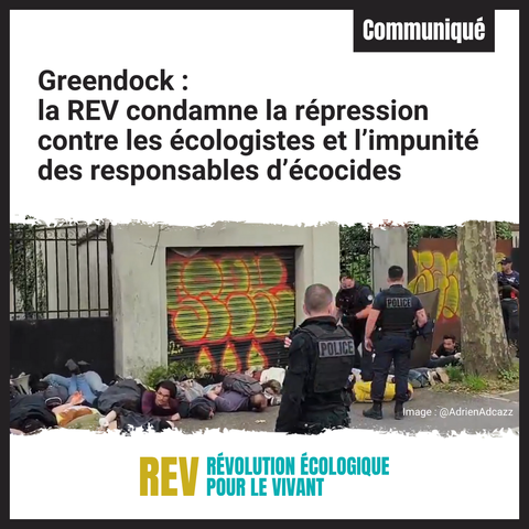 [Communiqué]
Suite à la répression policière menée contre les opposantes et opposants à #Greendock, la REV demande :
- l’amnistie de l’ensemble des manifestants écologistes interpellés
- l’abandon du projet Greendock
- l’interdiction de tous les écocides.

Notre communiqué : 
https://revolutionecologiquepourlevivant.fr/blog/communique-greendock-la-rev-condamne-la-repression-contre-les-ecologistes-et-limpunite-des-responsables-decocides

Image : @AdrienAdcaZz 
#StopGreendock