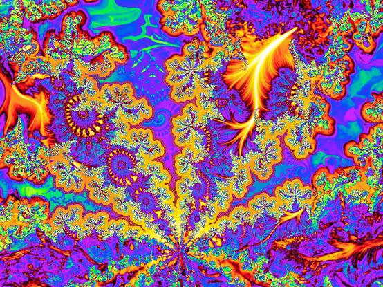 Psychedelic technicolor fractal shapes receding to self similar points