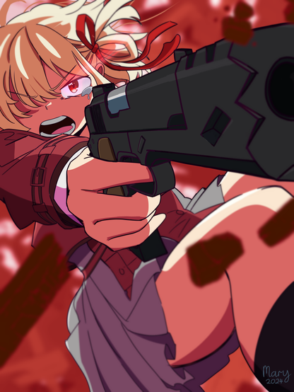Chisato Nishikigi, with tears in her eyes, pointing a Detonics CombatMaster towards the camera.