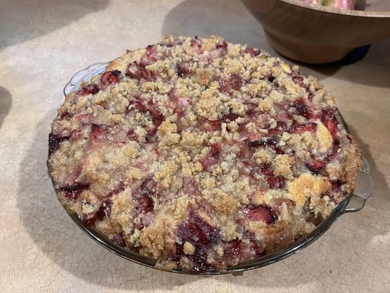 Finished product, a strawberry rhubarb coffee cake.