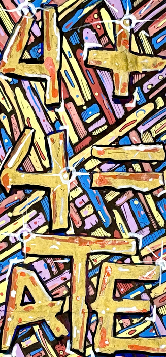 Illustration of 4+4=Ate in gold, orange, and white letters over a bright colorful abstract pattern background on a brown paper bag