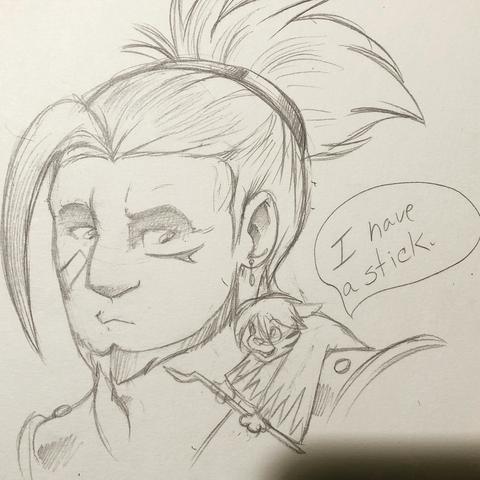 A male roegadyn from final fantasy 14 with a small cat red mage sitting on his shoulder proudly saying, “I have a stick”