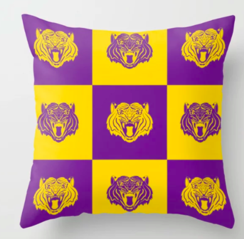 Our nine purple and gold tiger design looks great on a throw pillow.  Perfect for the dorm!