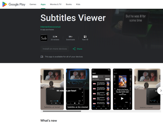 A screenshot of the Google Play app store showing the listing for Subtitles Viewer by InteractiveCoconut.