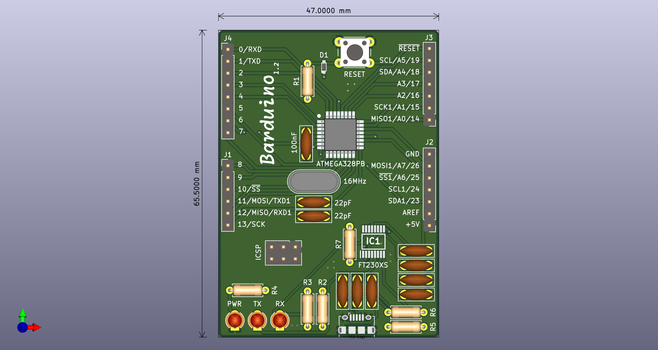 The front of the Barduino PCB.  Standard pin headers flank the sides of the board measuring 47mm in width and 65.5mm in height.  The MicroUSB B connector is on the bottom with the ATmega328PB in the middle.  3mm LEDs are on the bottom for power, RX, and TX info and an island for the 2x3 ICSP below and to the right of the middle of the board.  The PCB is green and all of the pins are labeled.