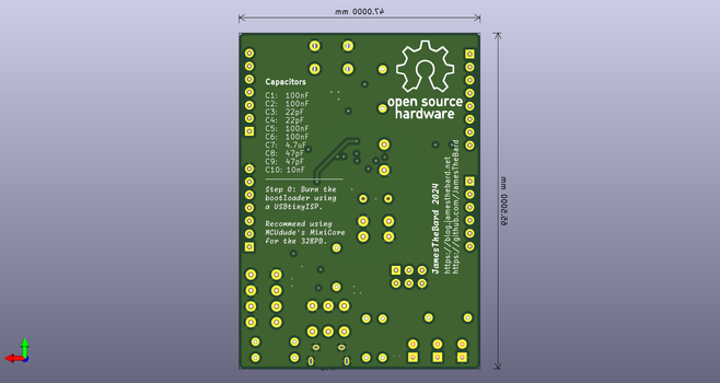The back of the Barduino PCB which has a listing of all the capacitor values.  It also reminds folks who are building it that you'll need to burn a bootloader for it to work as "Step 0".  The Open Source Hardware logo is on the top-right of the board, and links to my website and GitHub repo because the schematics and such will be living there.