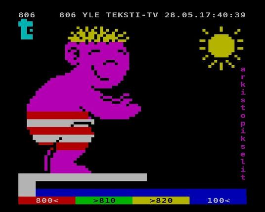 Teletext art
Magenta swimmer on spring board 
Sun in the right top corner

https://yle.fi/aihe/tekstitv?P=806