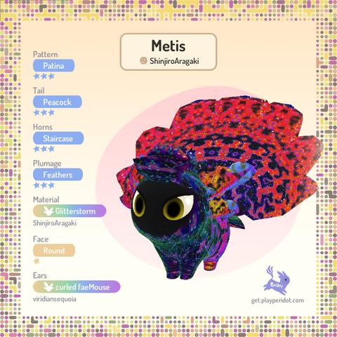 A multicolored baby dot named Metis with the material chaos trait Glitterstorm, discovered by me.