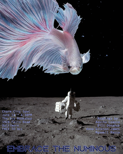 Image: Buzz Aldrin walks across the lunar surface, as a huge, spectral beta fish swirls above him. Charm City Spec, 6:30pm Friday June 14, 2024, at The Ivy Bookshop, 5928 Falls Road in Baltimore.