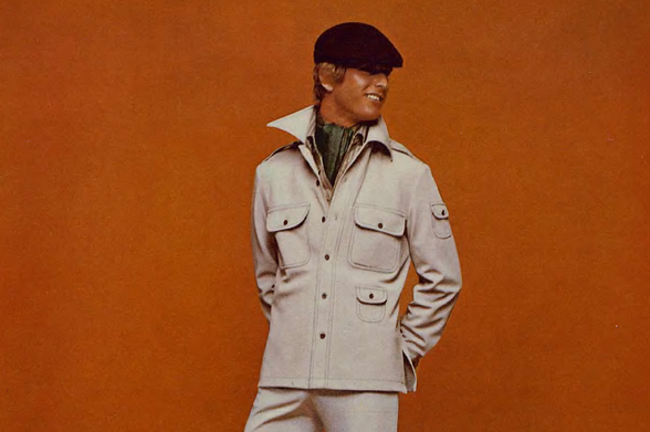 1975 Classic Fashion Advertisement

The image depicts a fashion advertisement featuring a mannequin dressed in a formal, possibly vintage outfit.
He is wearing a white double-breasted coat with wide lapels and a single button on the left chest area, paired with a tan jacket with lapels underneath.
There's also a black beret on his head.
The mannequin is accessorized with a dark necktie and appears to be standing against an orange background.