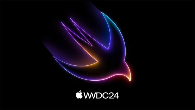 Neonfarbenes Swift-Symbol in Form eines Vogels vor schwarzem Hintergrund, darunter der Schriftzug „WWDC24“. Foto (c) Apple.