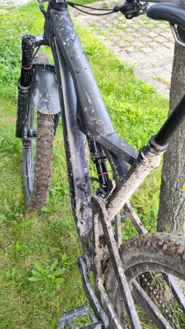 Mein völlig verdrecktes MTB lehnt an einem Baum - andere Perspektive.
