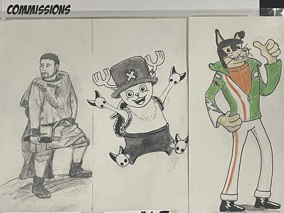A traditional piece of art consisting of three figures in different mediums and styles.