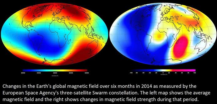world maps - Changes in the Earth's global magnetic field over six months in 2014 as measured by the European Space Agency's three-satellite Swarm constellation. The left map shows the average magnetic field and the right shows changes in magnetic field strength during that period.