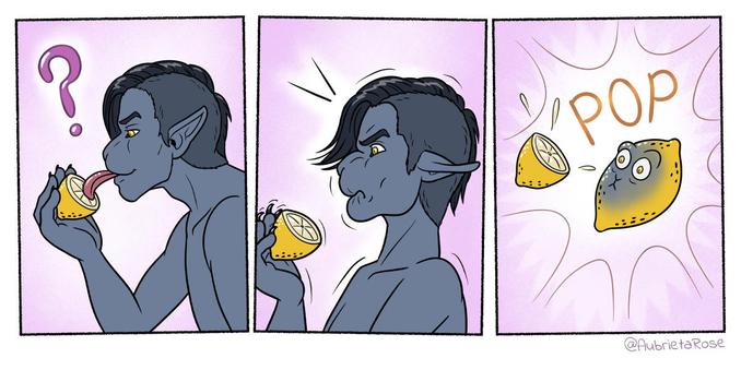 A three panel comic in which Sid, a male grey anthro cat, first questioningly licks a lemon, reacts with displeasure at the sourness, and finally, with a POP, turns into a lemon with a surprised feline face in the last panel.