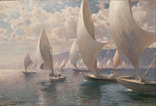 An Impressionist scene. On a bright sunny day with puffy clouds, a group of small sailboats are heading out to sea. All are single-sail small craft; there are three in the foreground, three more in the middle distance, and countless more farther back. In the far distance, a mountain or high bluff rises.