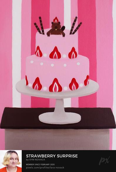A strawberry cake sits on a tabletop platter as a furry surprise pops out from the top- sporting a strawberry slice as a hat.