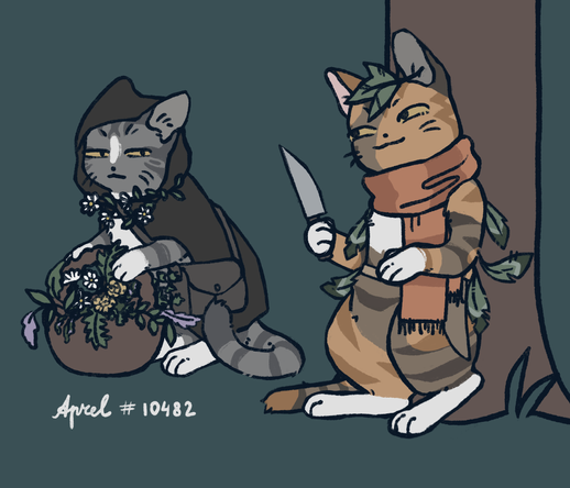 a digital drawing of two semi-anthro cats. Sysykalka is a gray-white cat in a black hood carrying a basket full of herbs. they are suspiciously looking at Shprot, an orange-brown-white striped cat in an orange scarf. Shprot is leaning against a tree trunk, smirking, and holding a knife.