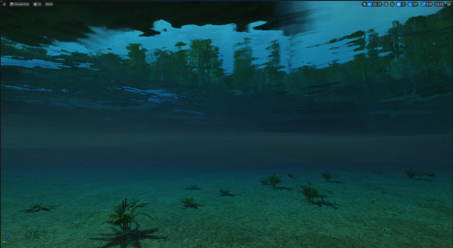 Video game environment, view from under water. (Ferns are on the bottom of the lake because the artist is very new to this and still trying to figure out wtf they are doing)