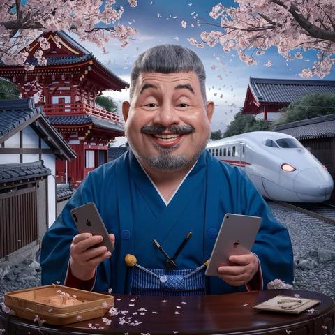 Cartoonish depiction of a smiling man in traditional Japanese clothing, holding a smartphone and tablet. Behind him are cherry blossoms, a red temple, and a high-speed train.