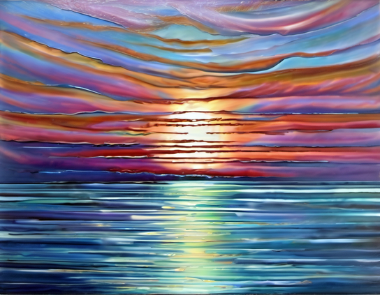 A textured seascape of a glowing sun rising behind thick ribbons of cloud in reds, oranges, and purples, over a waking sea in layers of blues and greens. Acrylic painting style.