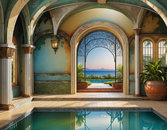 A striking marble building with vaulted ceilings, arched door and windows, murals on the walls, and a tiled floor,  sheltering a turquoise indoor pool, with a view of another pool outside, and the ocean beyond.