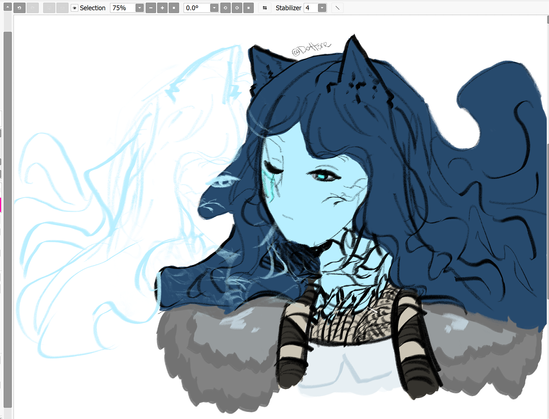 Ranni (Elden Ring) without her iconic snow witch hat. The sketch reveals that underneath her hat was actually cat ears all along. Some parts of the Paint Tool Sai interface are visible.

Ranni has long wavy dark blue hair and a pale blue doll body that is cracking and breaking, revealing the rope structuring underneath. She has one eye closed with a glowing sigil underneath it. From the sigil, a spiritual mirror image of her face appears next to her.