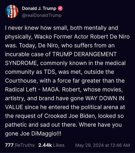 Trump tirade on Robert Di Nero