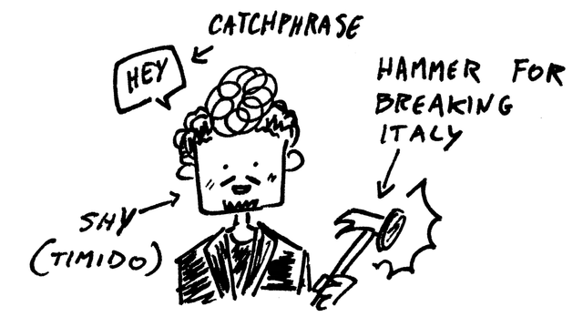Sketch a china di Shy (quello di Breaking Italy) che dice "Hey" con un martello in mano. 
Alcune freccette esplicative: 
Hey -> catchphrase
Martello -> hammer for breaking Italy
Shy (timido)