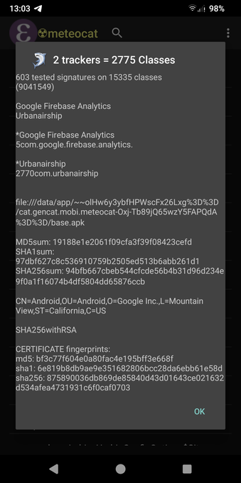 Anàlisi de l'aplicació Meteocat per l'Android, que mostra que hi ha dos rastrejadors que recullen innecessàriament dades personals dels usuaris.