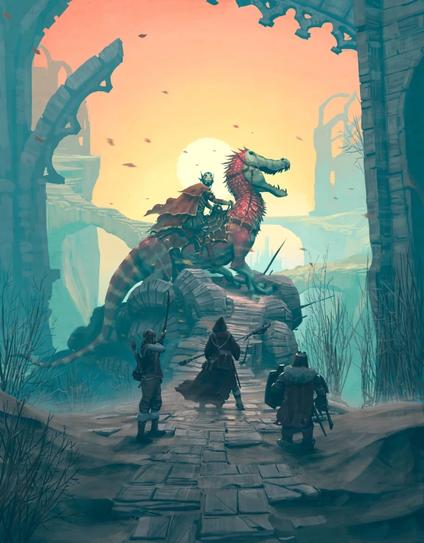 Forbidden Lands cover, warriors confronting a lone figure riding a lizard creature.