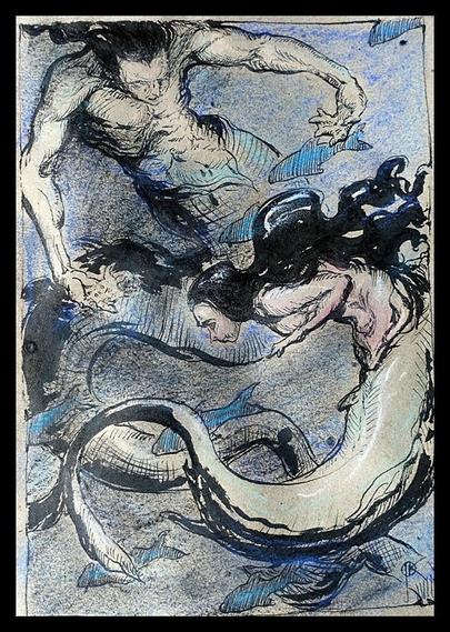 male and female mermaids in a sea among fish