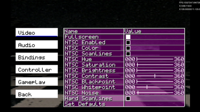 Video options menu overlayed on a raycast scene showing only options for NTSC video you would expect as knobs on a CRT