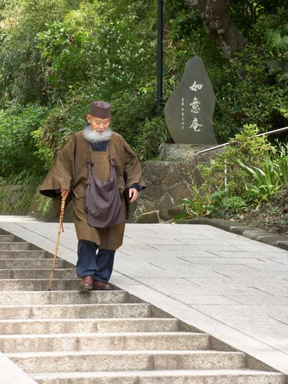 An amazingly bearded old man, perhaps a sage, walking down the stairs of a temple complex. He was an amazing sight, even after seeing other people dressed in traditional garb. He smiled and had a twinkle in his eye as he passed us.