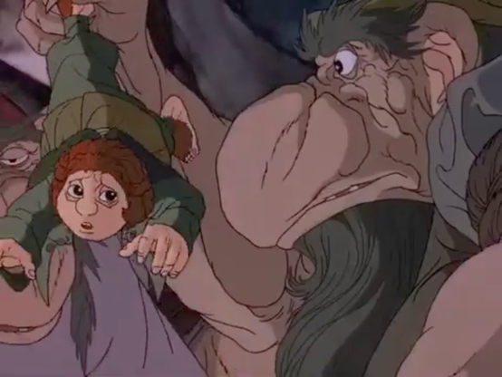 An image from a cartoon. It shows a bird-like, large troll, holding up a small white man with hairy feet, by one of those feet