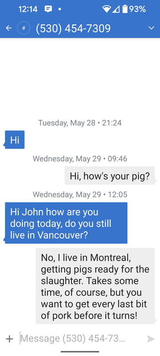 This is a screenshot of an SMS conversation between me and a (probably enslaved) person running the other side of a Sha Zhu Pan grift.

Grifter: Hi
Me: Hi, how's your pig?
Grifter: Hi John how are you doing today, do you still live in Vancouver?
Me: No, I live in Montreal, getting pigs ready for the slaughter. Takes some time, of course, but you want to get every last bit of pork before it turns!