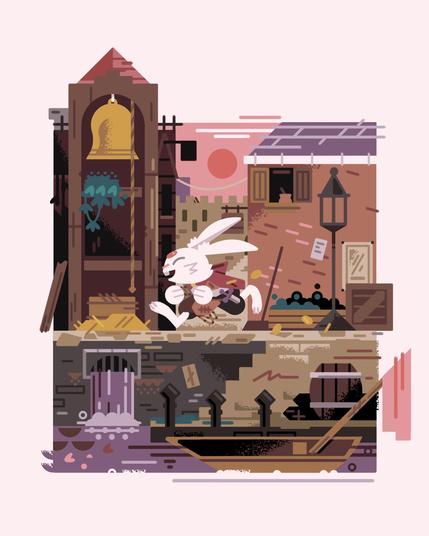 2023 character commission - an anthro rabbit running through a canal street, coins trailing behind her.