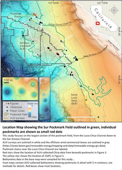 maps - Location Map showing the Sur Pockmark Field outlined in green, individual pockmarks are shown as small red dots.