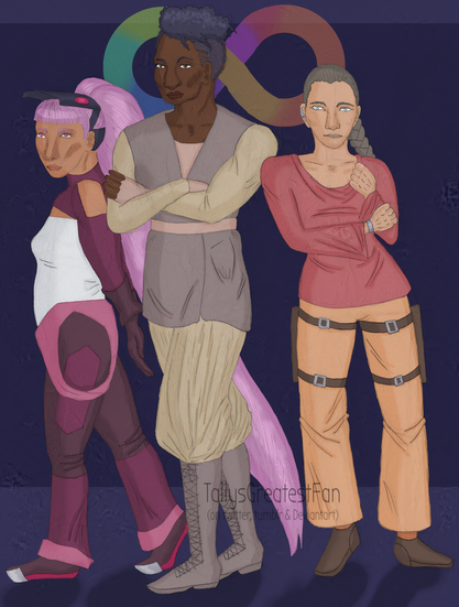ID: Digitally colorized pencil drawing of three people standing close beside each other, with the neurodiversity symbol in the background. The first is a short desi woman with extremely long purple hair, wearing an overall and an cutout shirt, standing sideways. The second is an androgynous black person with broad shoulders and rough clothes, her arms in front of her chest. The third is a slightly shorter woman of hard to determine ethnicity, she has her hair in a braid and wears a red, loose shirt, wide pants, and gun holsters around her thighs.