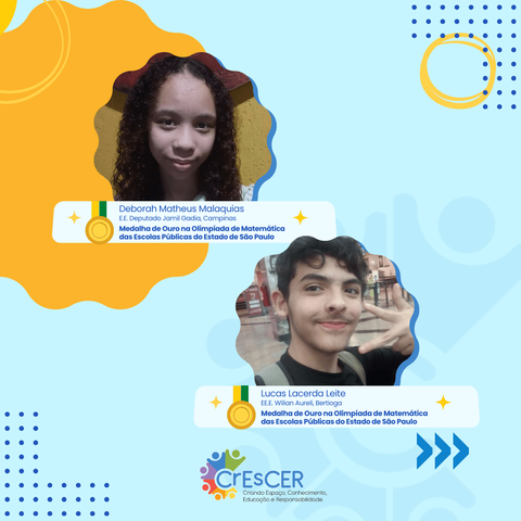 Ilustração com foto de dois estudantes premiados.

Deborah Matheus Malaquias
EE Dep. Jamil Gadia, Campinas
Medalha de Ouro na OMASP

Lucas Lacerda Leite
EE E Willian Aureli, Bertioga
Medalha de Ouro na OMASP