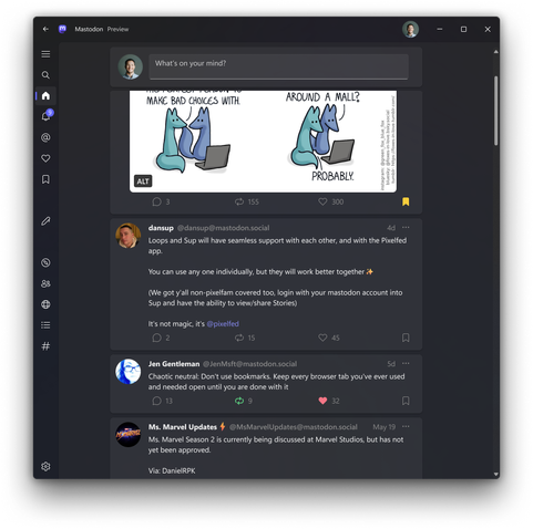 A mockup of the Mastodon web interface if it was redesigned as a native app for Windows 11 following the Fluent Design language.