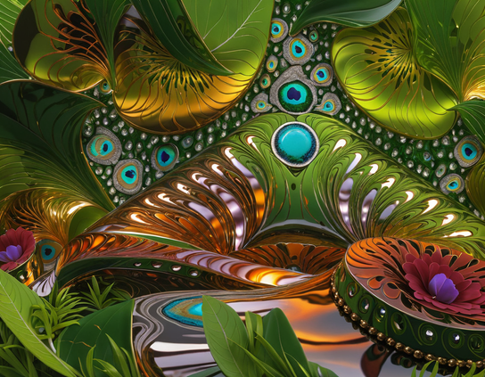 A vibrant abstract image with a peacock feather inspired motif. Intricate designs in green and gold colors are layered with textures and organic shapes, creating an exotic visual effect.
