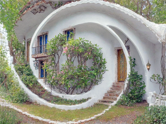 A whimsical fairy tale cottage with unique curved architecture, white walls and blue windows, surrounded by vigorous greenery with a blooming rose bush in front.
