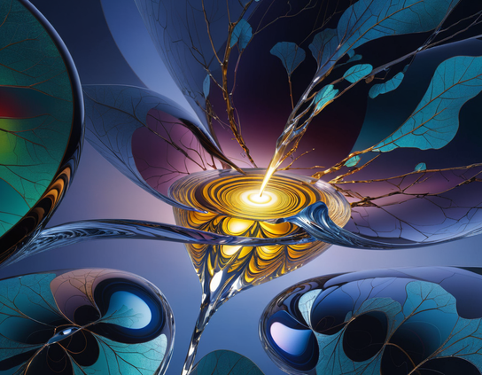Curved fractal glass-like shapes in shades of blues surround a glowing point in an parallel universe,  where white hot energy flows out from a corresponding singularity in an entangled mirror dimension. Sci-fi theme.