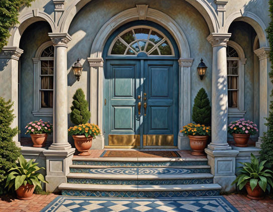 Intricately tiled steps and front porch, with potted plants and vibrant flowers, frame the entrance of an inviting house with classical architecture and blue doors with brass fittings.